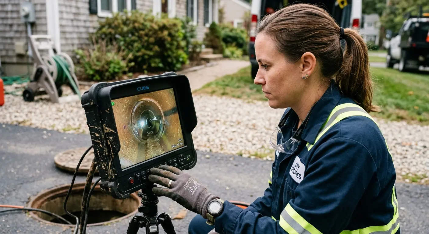 Technician reviewing sewer camera inspection footage in University City