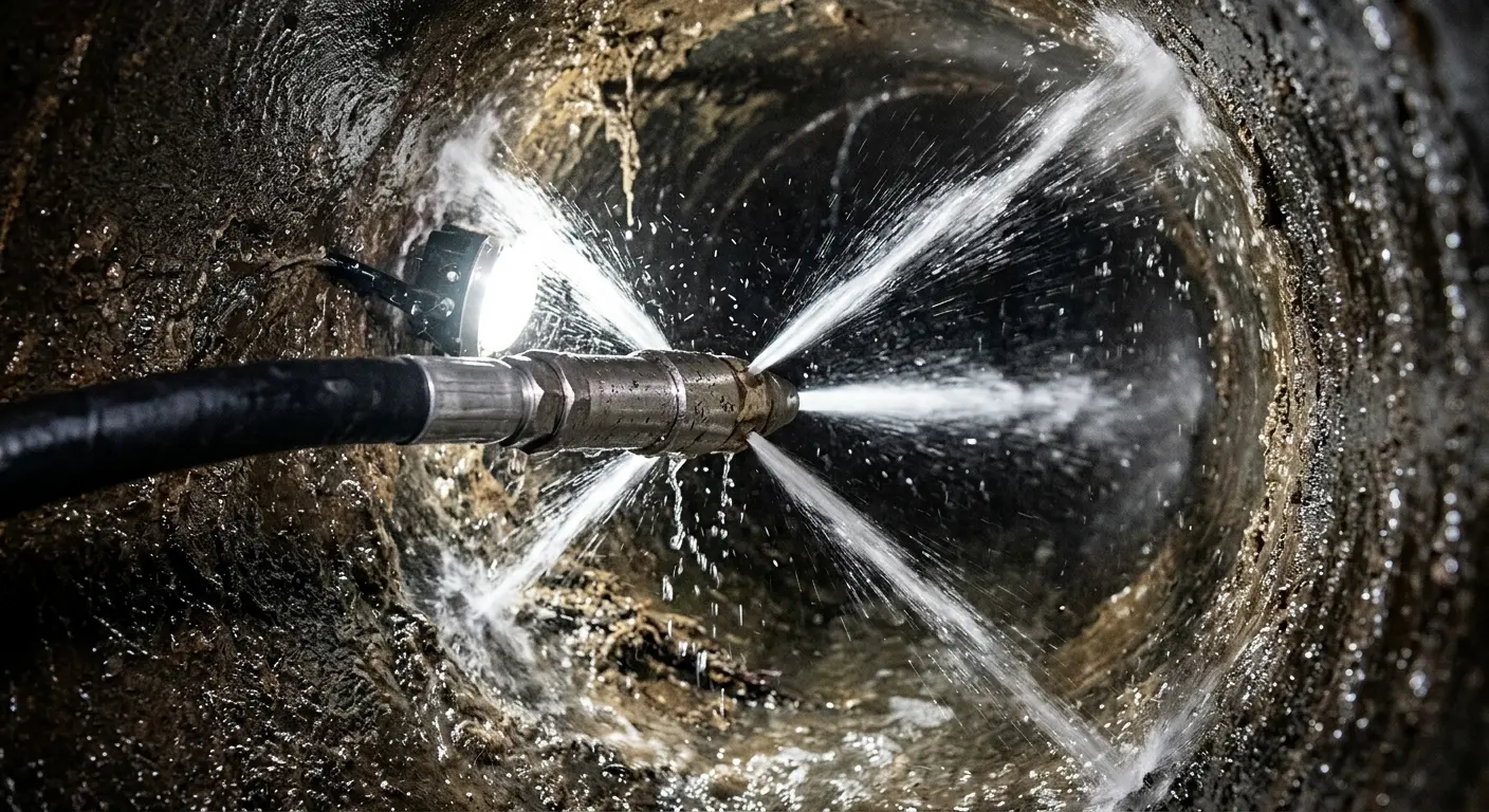 High-pressure hydro jetting nozzle cleaning sewer pipe for Sewer Cleanout in University City