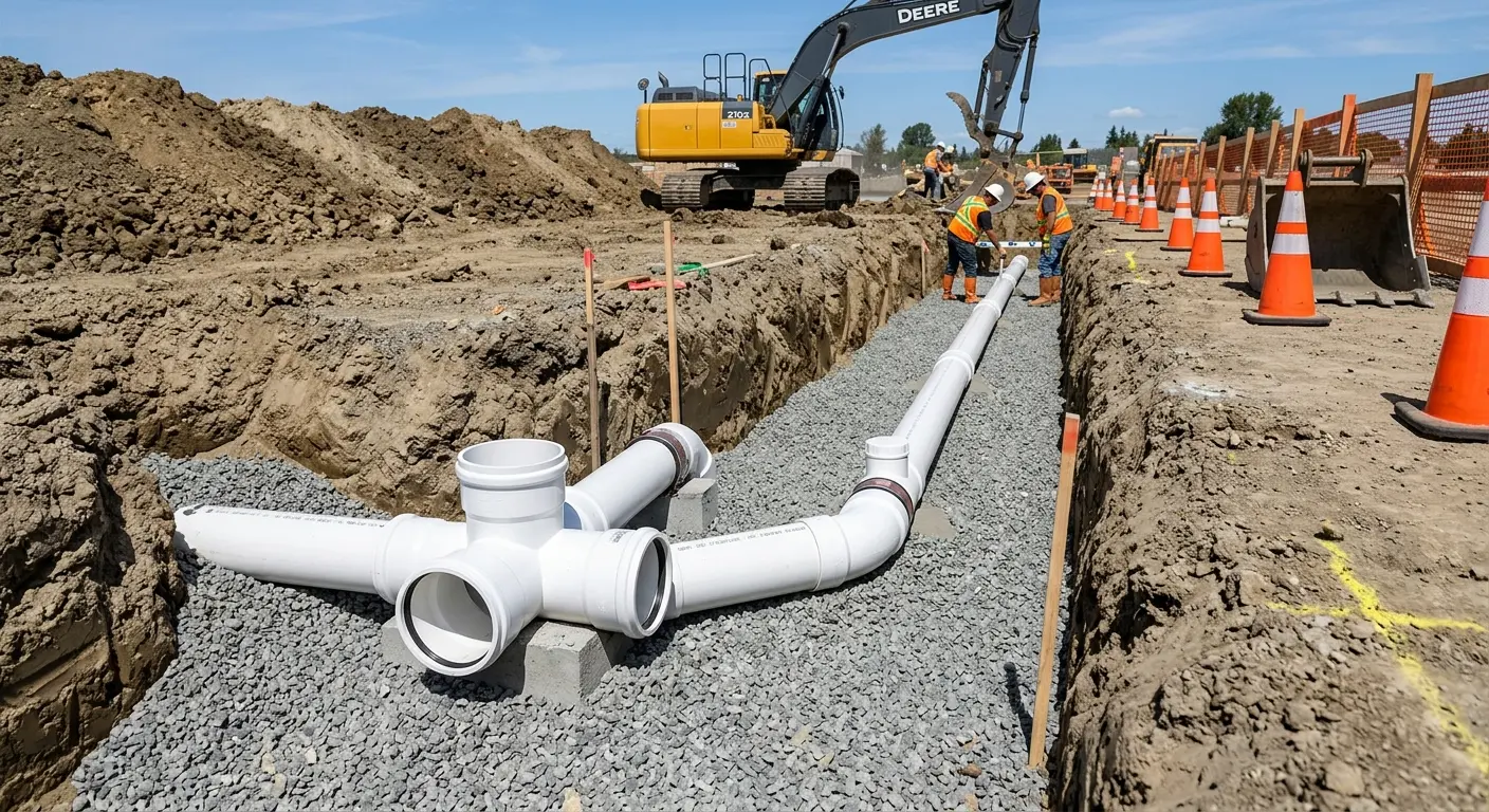 New PVC sewer pipe installation in open trench for Commercial Drain Cleaning in University City