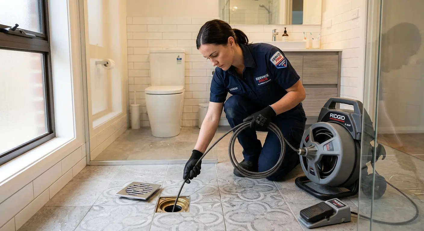 Technician clearing a bathroom floor drain for Hydro Jetting in University City